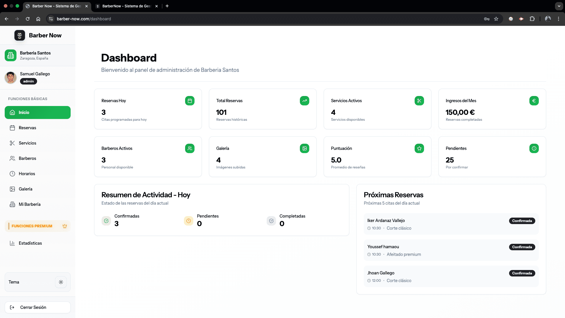 Dashboard BarberNow - Vista Completa