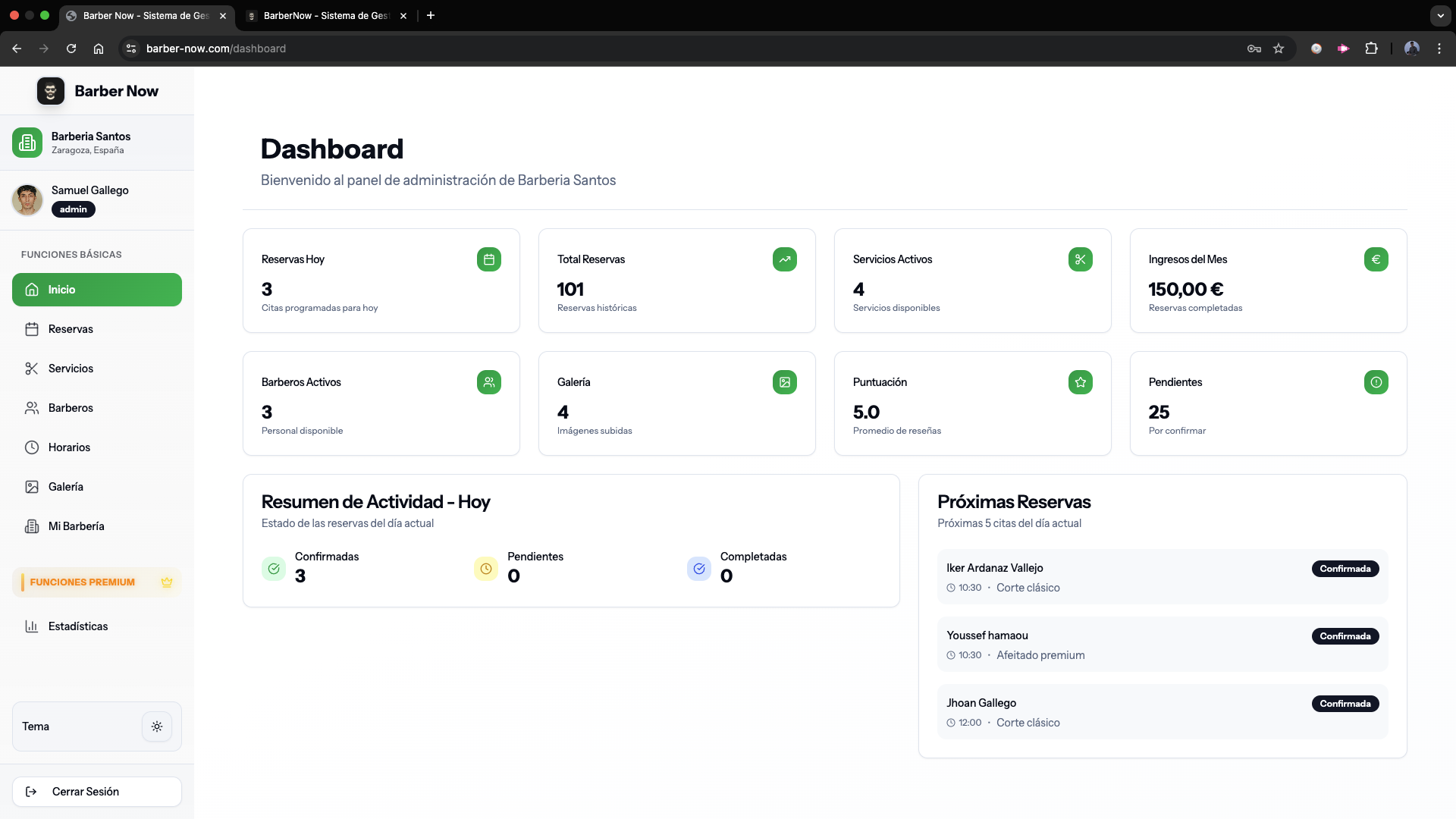 Dashboard BarberNow - Vista Completa